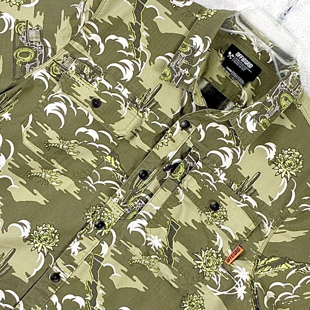Off The Grid Camp Shirt Mens L Green Ripstop Lobster Cactus AOP Hiking Outdoors
